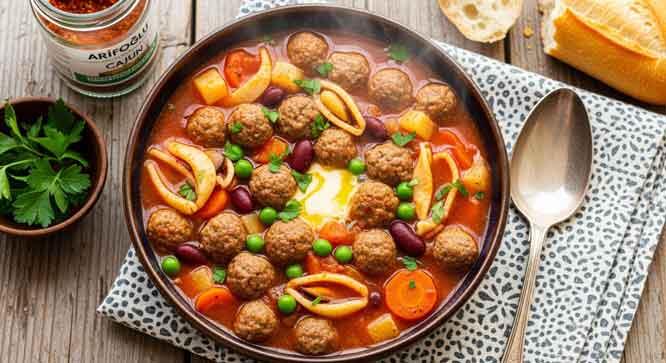 Arifoğlu Cajun Pasta Soup with Mitite Meatballs